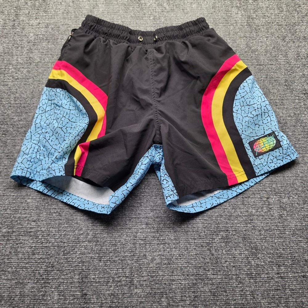 Slunks Retro Elephant Print Athletic Shorts Black Pink Blue Mens Small